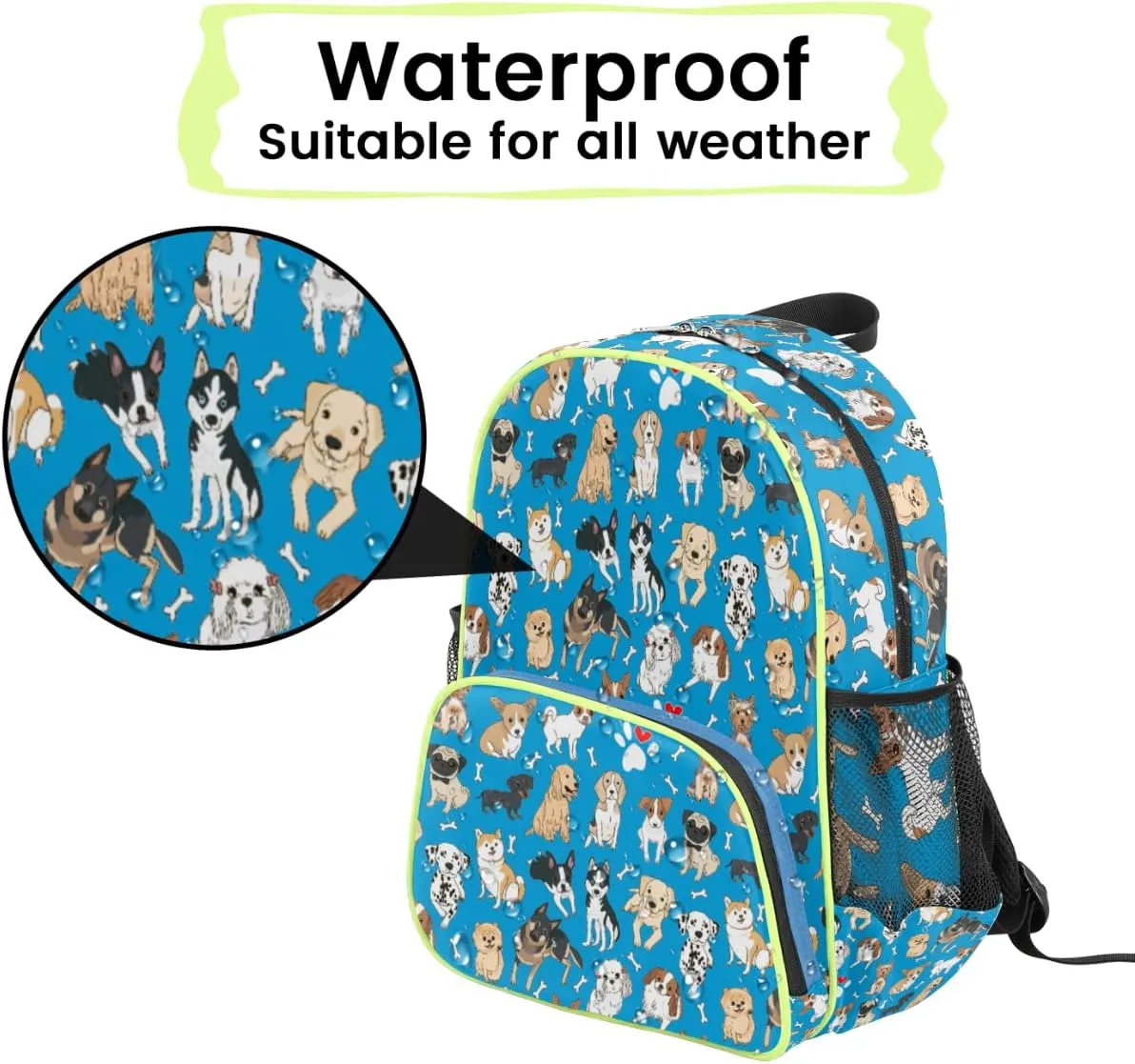 Blue Dogs Kids Backpack for Boys 14.2 In, Waterproof Casual Daypack Preschool Backpack Kindergarten School Mini Bookbag with Chest Strap, for Back to School Day