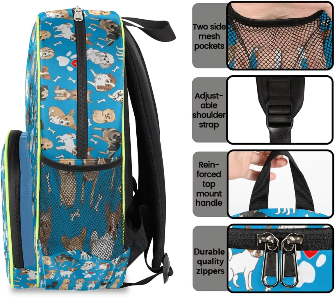 Blue Dogs Kids Backpack for Boys 14.2 In, Waterproof Casual Daypack Preschool Backpack Kindergarten School Mini Bookbag with Chest Strap, for Back to School Day