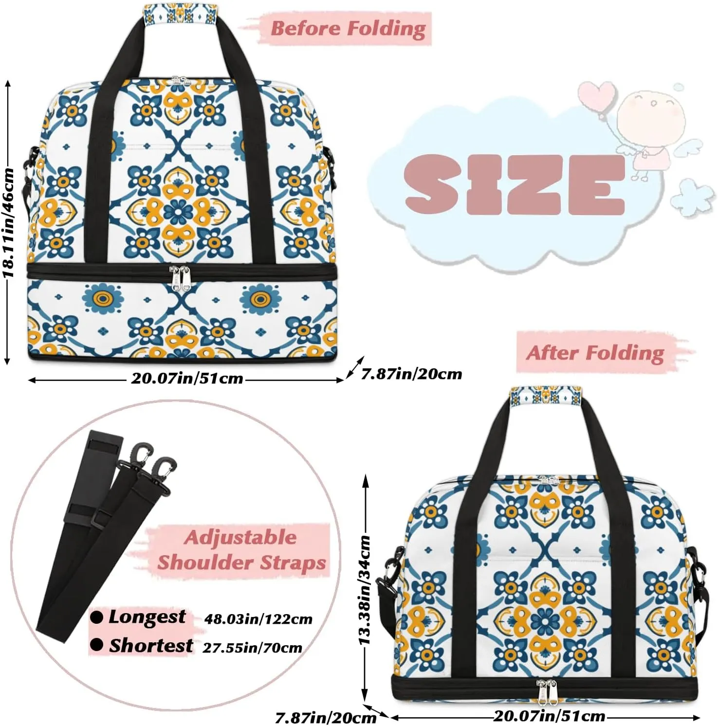 Boho Retro Pattern Colorful Travel Duffle Bag, Collapsible Travel Bag Sports Gym Bag With Shoes Compartment Weekender Bag Overnight Bag For Women Men