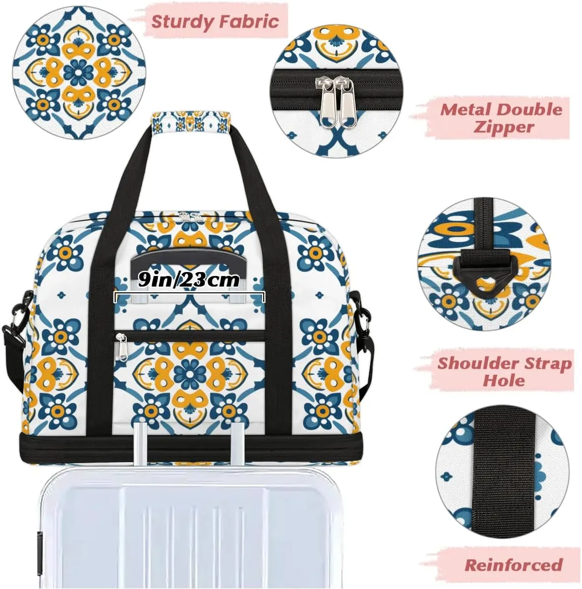 Boho Retro Pattern Colorful Travel Duffle Bag, Collapsible Travel Bag Sports Gym Bag With Shoes Compartment Weekender Bag Overnight Bag For Women Men