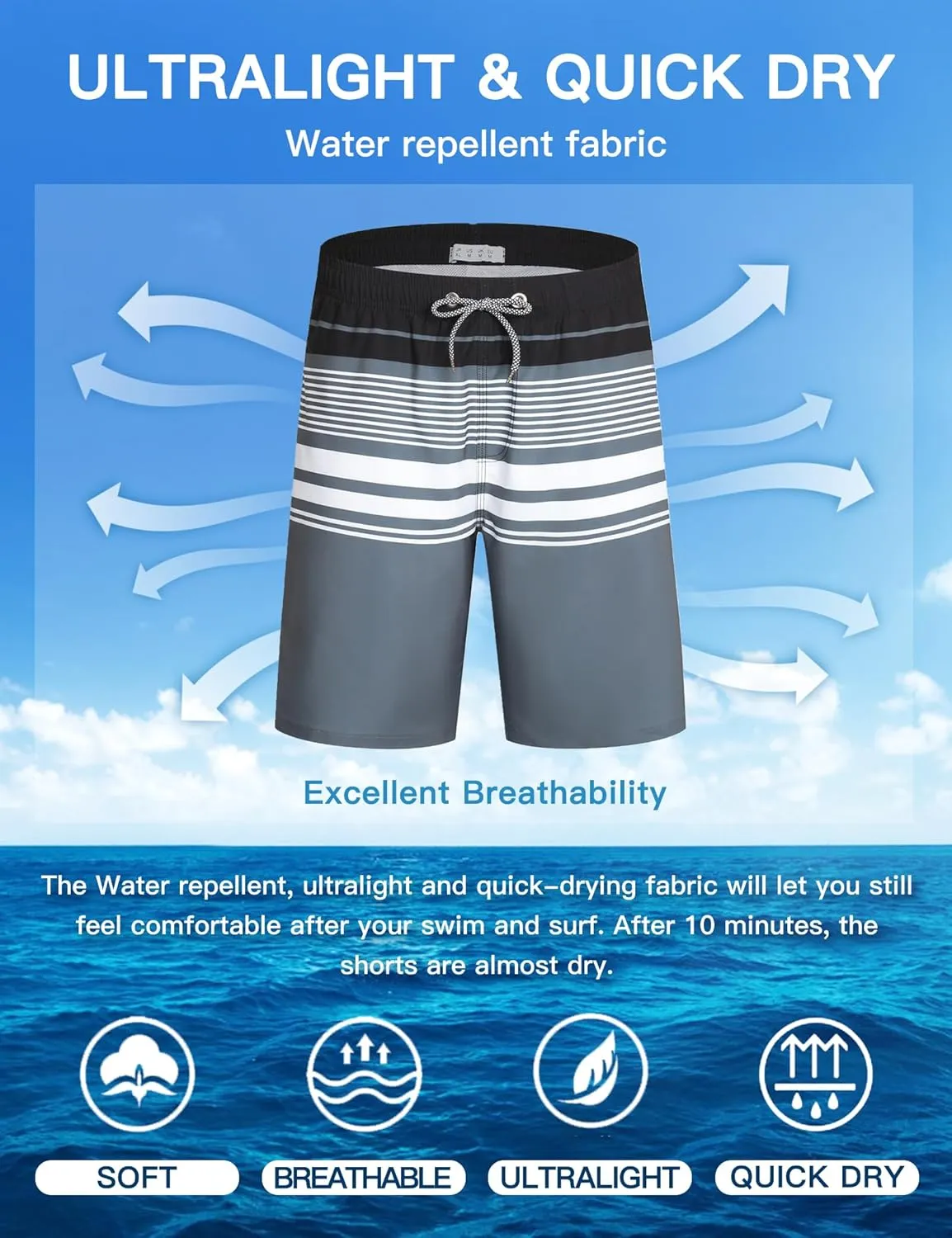 BOJIN Mens Swim Trunks 9" Quick Dry Stretch Swim Shorts Mesh Lining Bathing Suits Swimwear Beach Shorts with Pockets