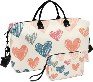 Bolaz Duffle Bag for Travel-Geometric Pattern with Doodle Hearts，Weekender Overnight Bag with Wet Pocket for Women，Large Carry On Airport Bag with Toiletry Bag for Travel, Business Trips, Sports