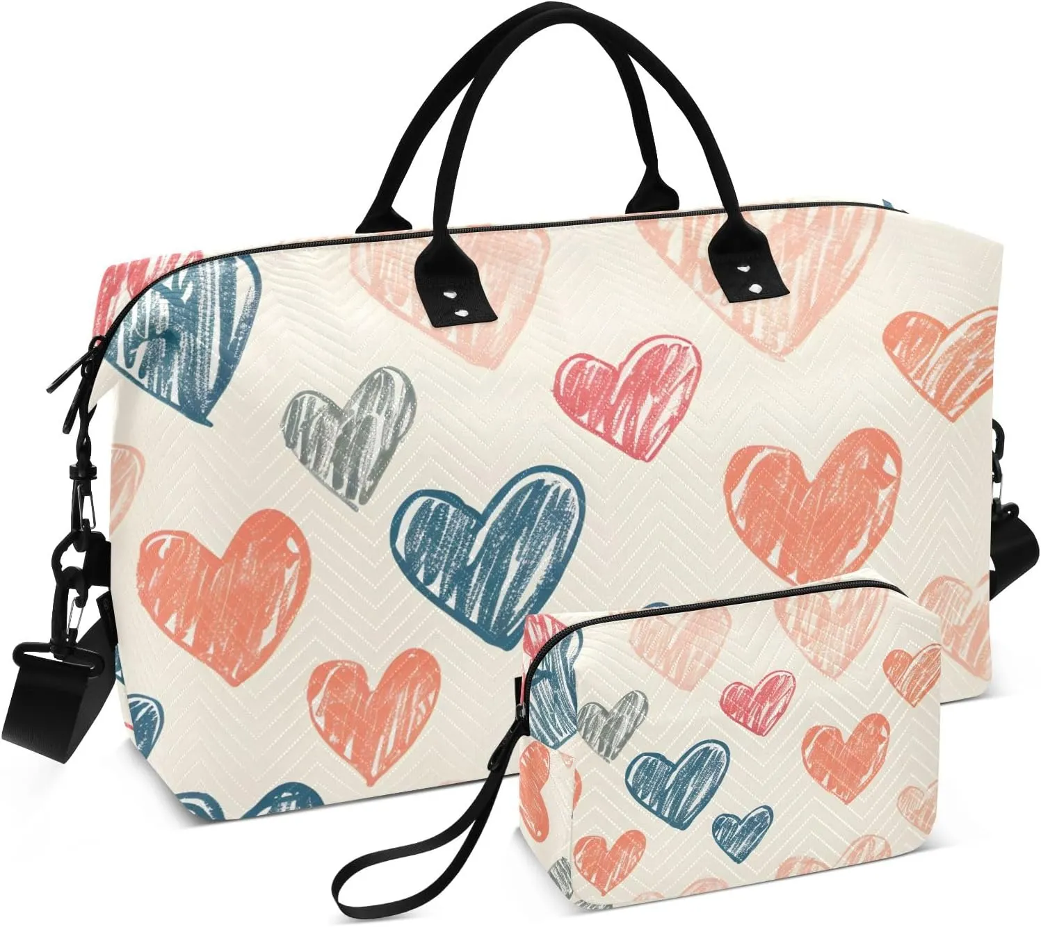 Bolaz Duffle Bag for Travel-Geometric Pattern with Doodle Hearts，Weekender Overnight Bag with Wet Pocket for Women，Large Carry On Airport Bag with Toiletry Bag for Travel, Business Trips, Sports