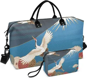Bolaz Duffle Bag for Travel-Japanese Style Cranes PrintWeekender Overnight Bag with Wet Pocket for Women，Large Carry On Airport Bag with Toiletry Bag