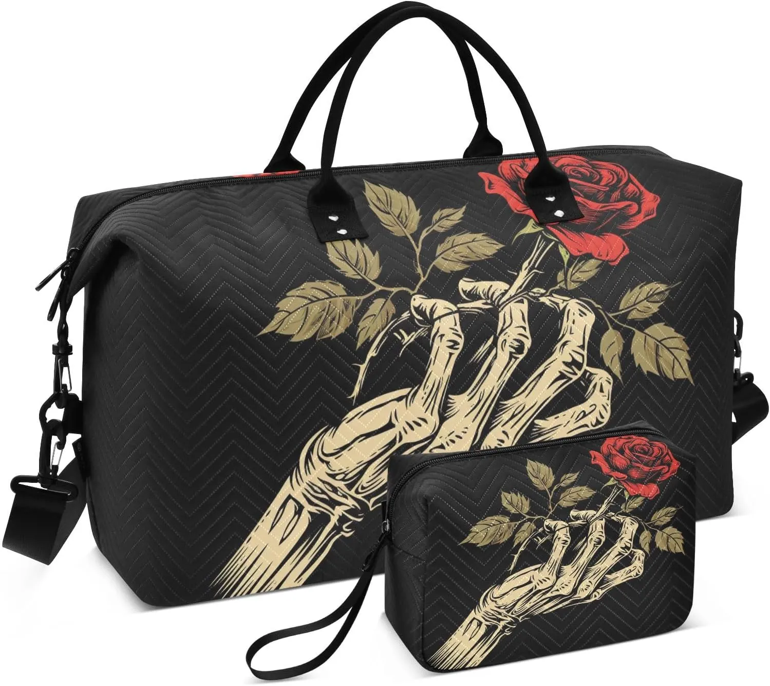 Bolaz Duffle Bag for Travel-Red Rose Skull Head，Weekender Overnight Bag with Wet Pocket for Women，Large Carry On Airport Bag with Toiletry Bag for Travel, Business Trips, Sports