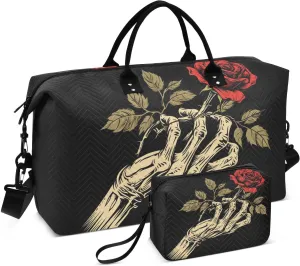 Bolaz Duffle Bag for Travel-Red Rose Skull Head，Weekender Overnight Bag with Wet Pocket for Women，Large Carry On Airport Bag with Toiletry Bag for Travel, Business Trips, Sports