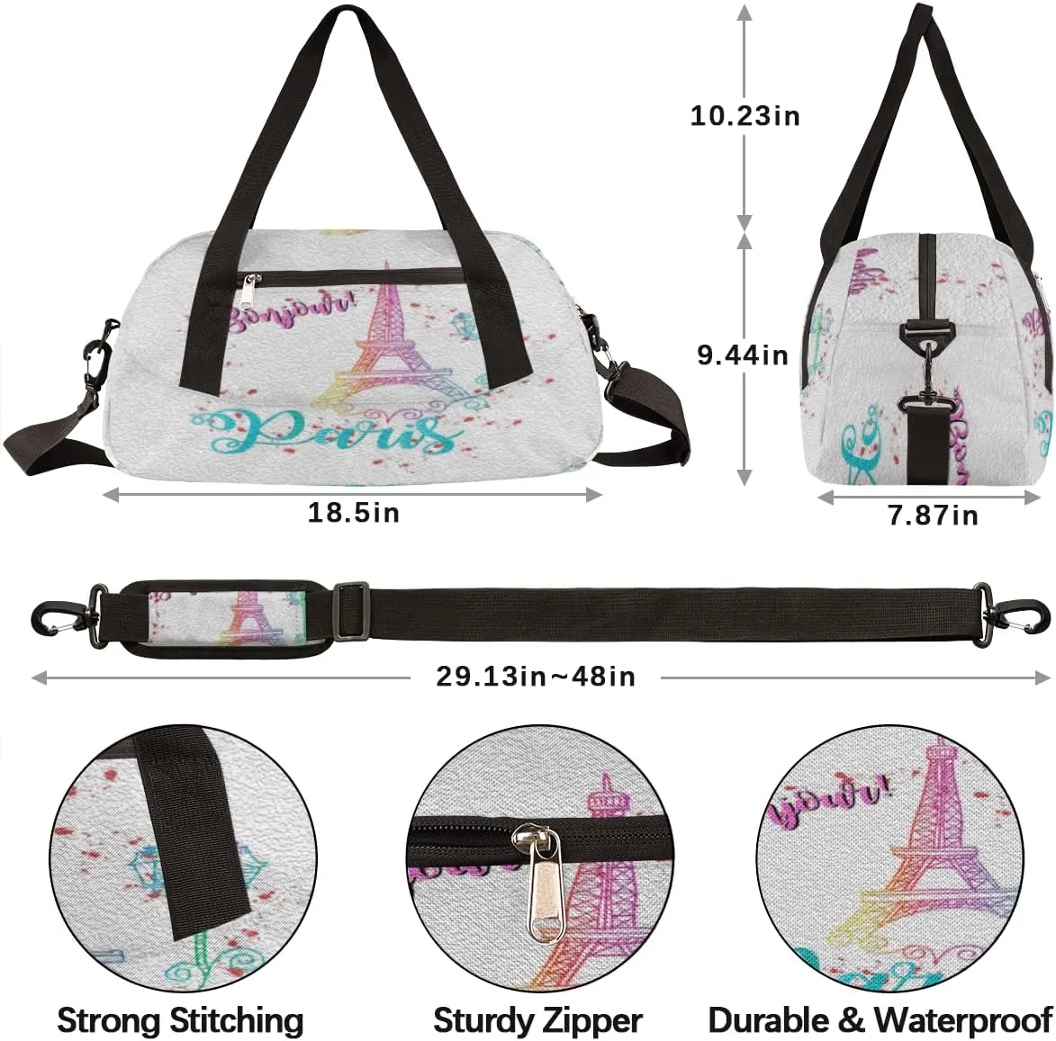 Bonjour Paris Eiffel Tower Kids Duffel Bag for Girls Boys Teens, Oil Painting Dance Bag Overnight Small Duffel Bag Carry On Weekend Sports Gym Travel Bag for School Practice Gymnastics Ballet