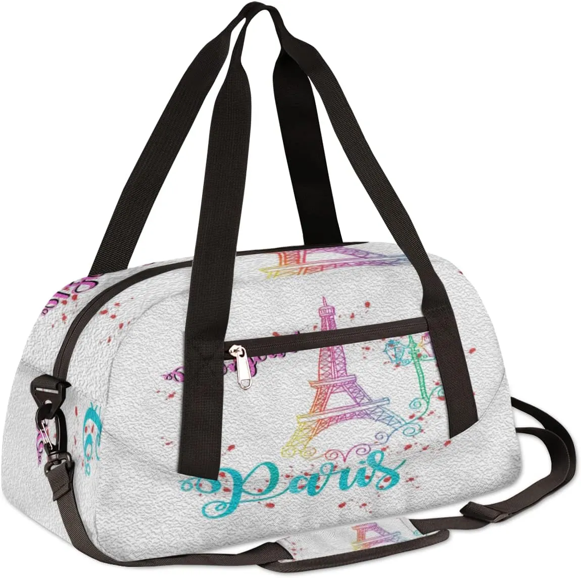 Bonjour Paris Eiffel Tower Kids Duffel Bag for Girls Boys Teens, Oil Painting Dance Bag Overnight Small Duffel Bag Carry On Weekend Sports Gym Travel Bag for School Practice Gymnastics Ballet