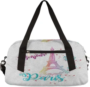 Bonjour Paris Eiffel Tower Kids Duffel Bag for Girls Boys Teens, Oil Painting Dance Bag Overnight Small Duffel Bag Carry On Weekend Sports Gym Travel Bag for School Practice Gymnastics Ballet