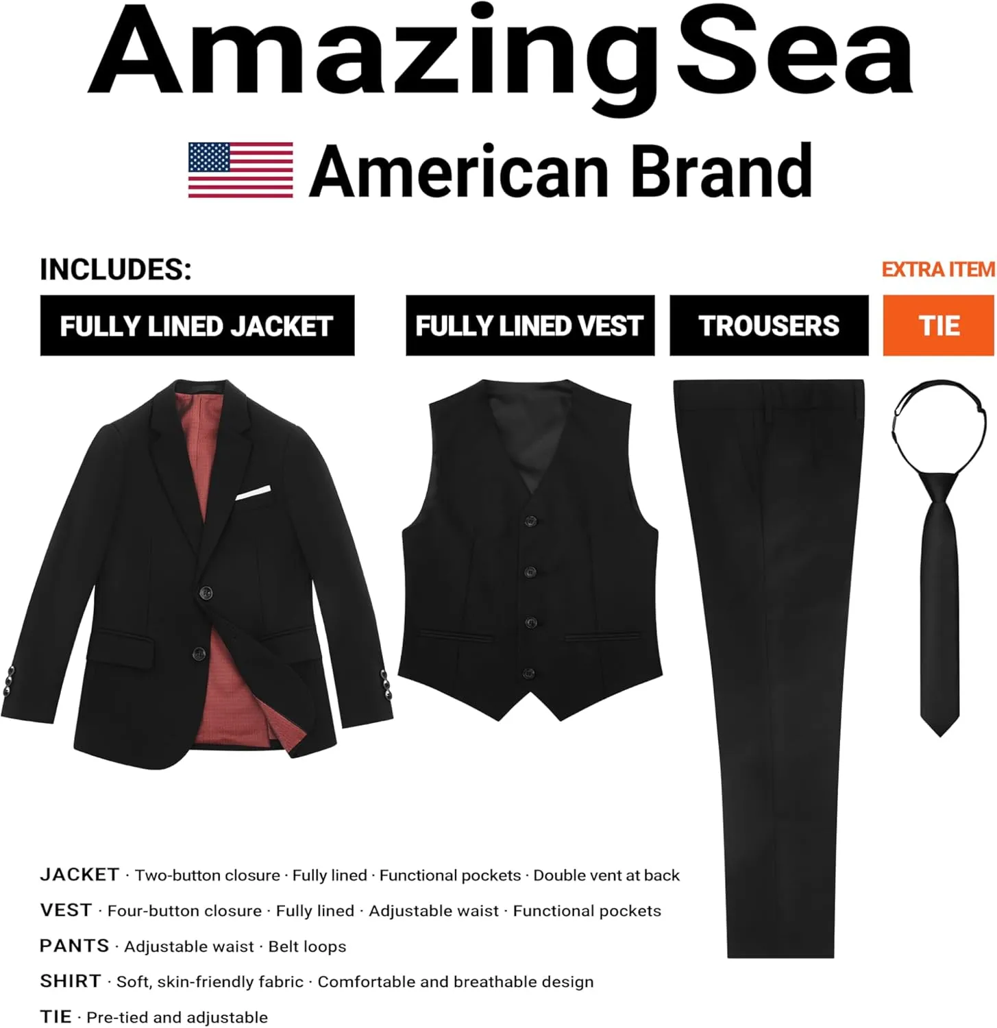 Boys Formal Suits Set, from Toddlers to Teen, Adjustable Waist, with Suspenders