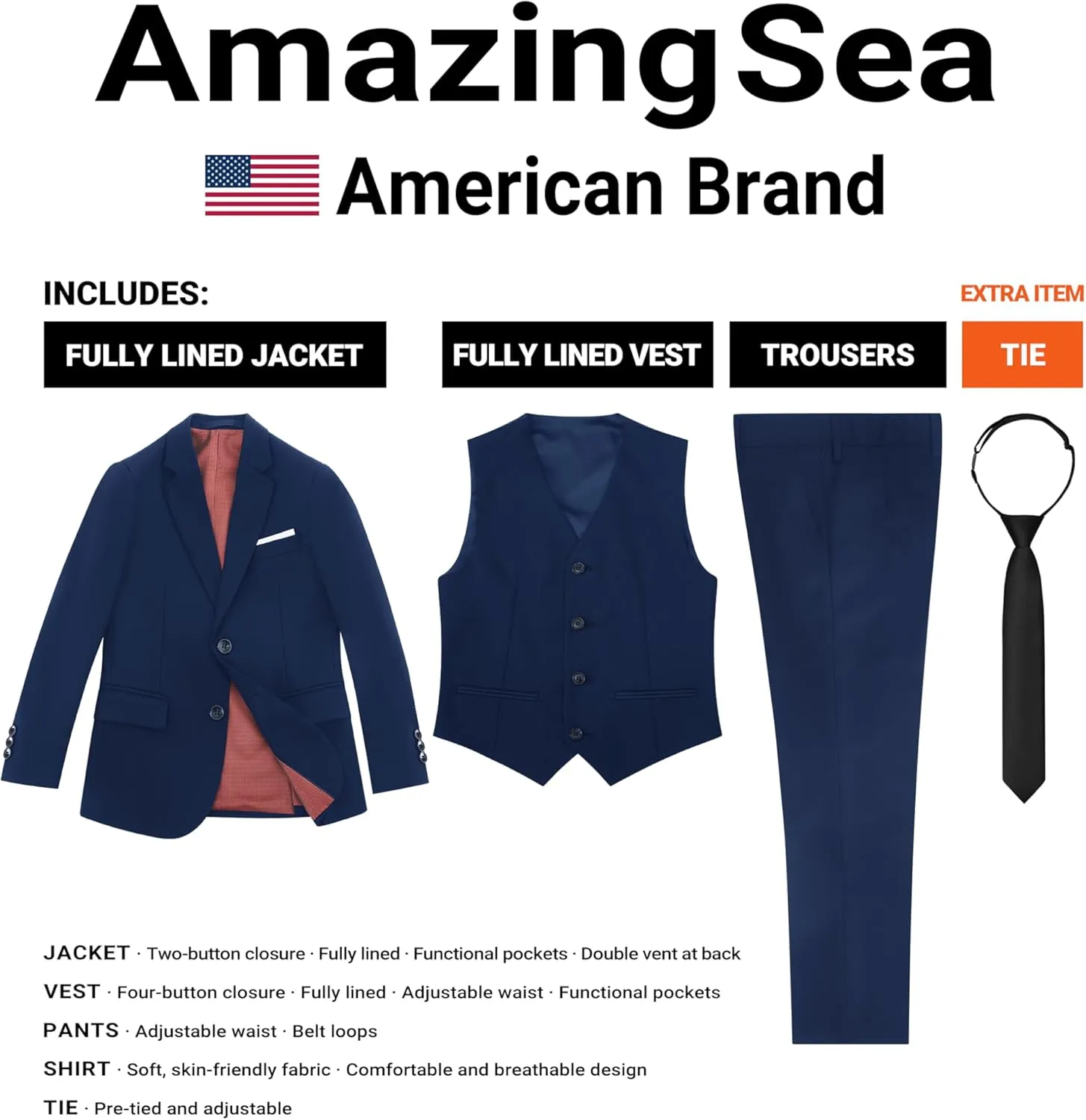 Boys Formal Suits Set, from Toddlers to Teen, Adjustable Waist, with Suspenders