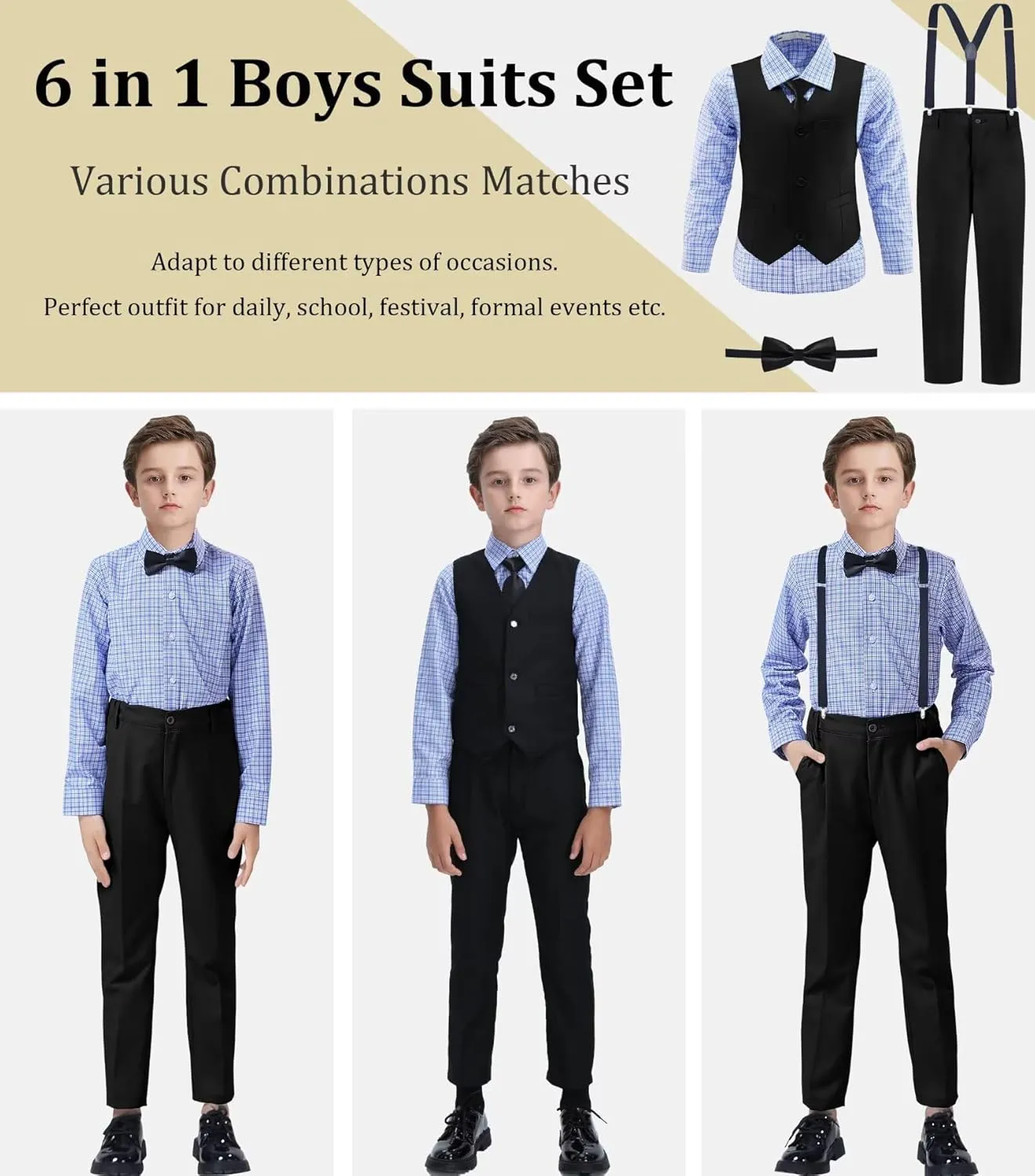 Boys' Suit Kids Formal Tuxedo Suits for Boys Wedding Outfits Dress Vest Pants Suspenders Set Adjustable Waist