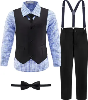 Boys' Suit Kids Formal Tuxedo Suits for Boys Wedding Outfits Dress Vest Pants Suspenders Set Adjustable Waist