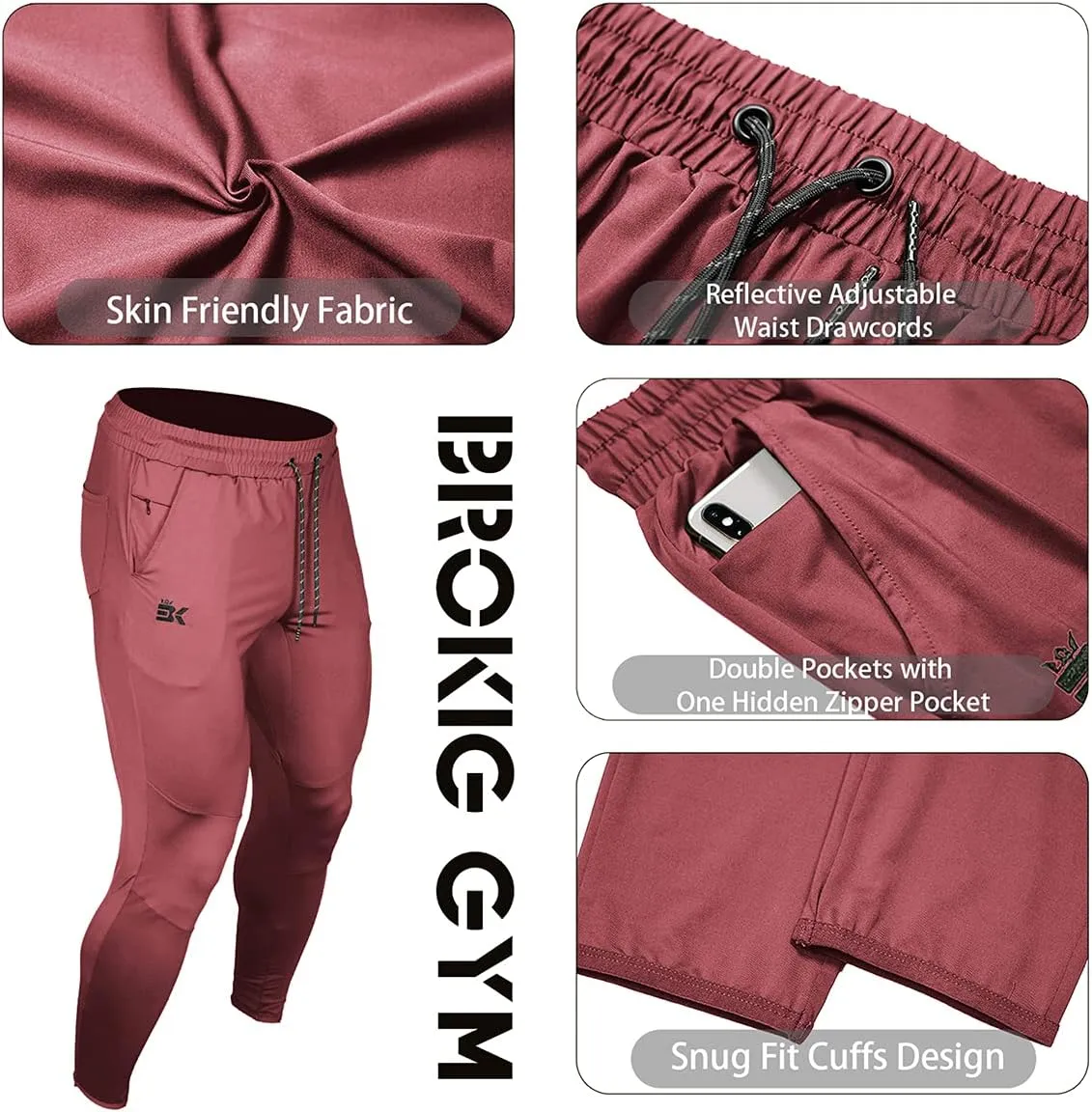 BROKIG Mens Lightweight Gym Jogger Pants,Men's Workout Sweatpants with Zip Pocket