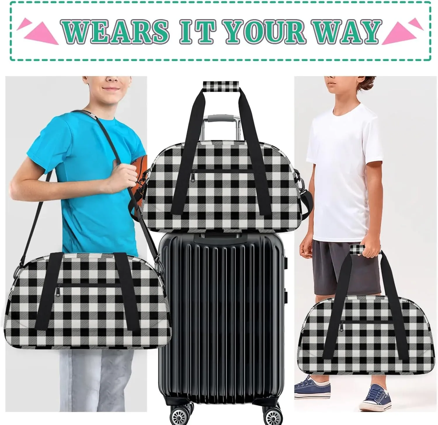 Buffalo Plaid 18 inch Small Gym Bag for Women and Men, Lightweight Carry On Weekender Bag Mini Duffel Bag for Travel Sports Workout