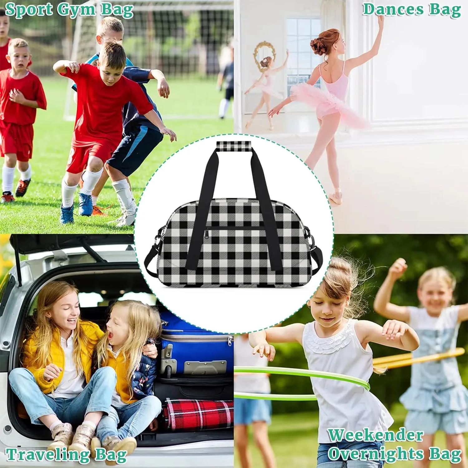 Buffalo Plaid 18 inch Small Gym Bag for Women and Men, Lightweight Carry On Weekender Bag Mini Duffel Bag for Travel Sports Workout
