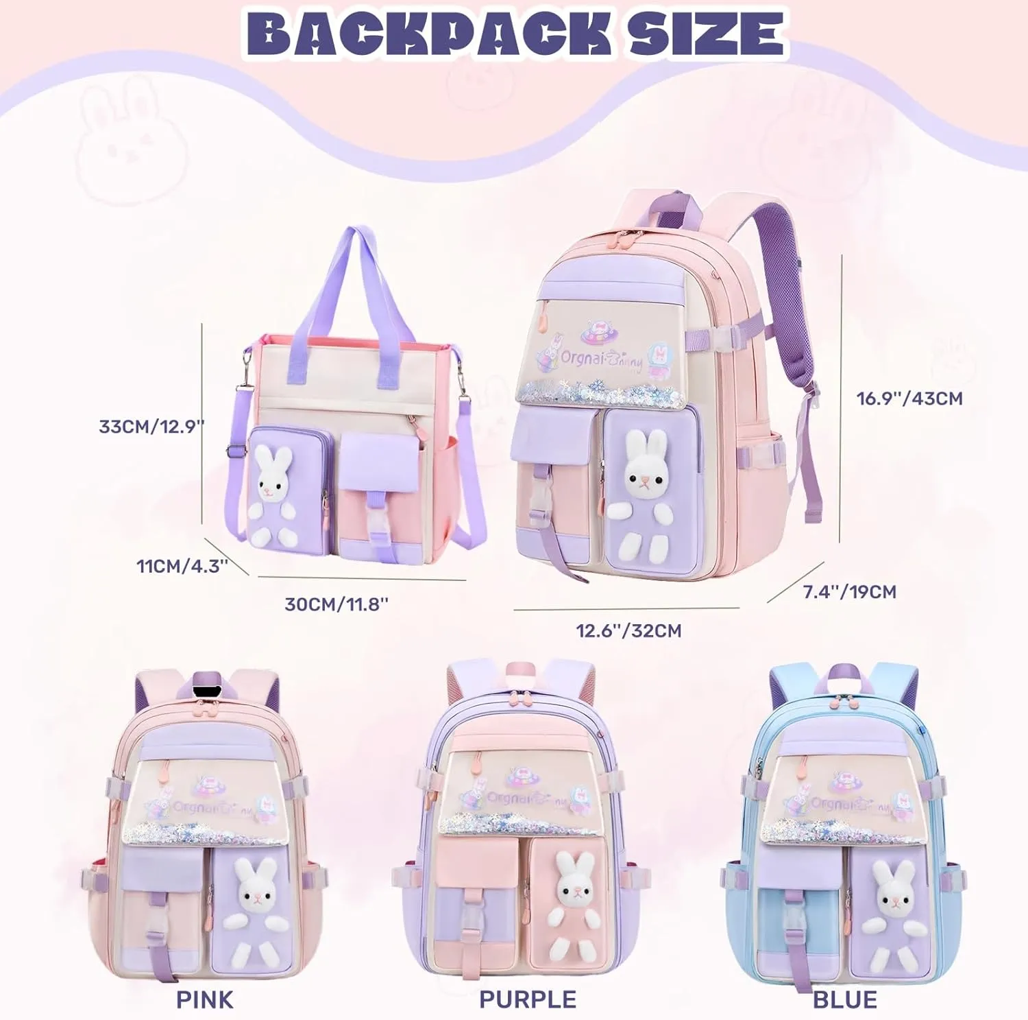Bunny Backpack for Girls Cute Kids Bookbag for Elementary School Kawaii Preschool Outdoor Daypack 2Pcs Pink