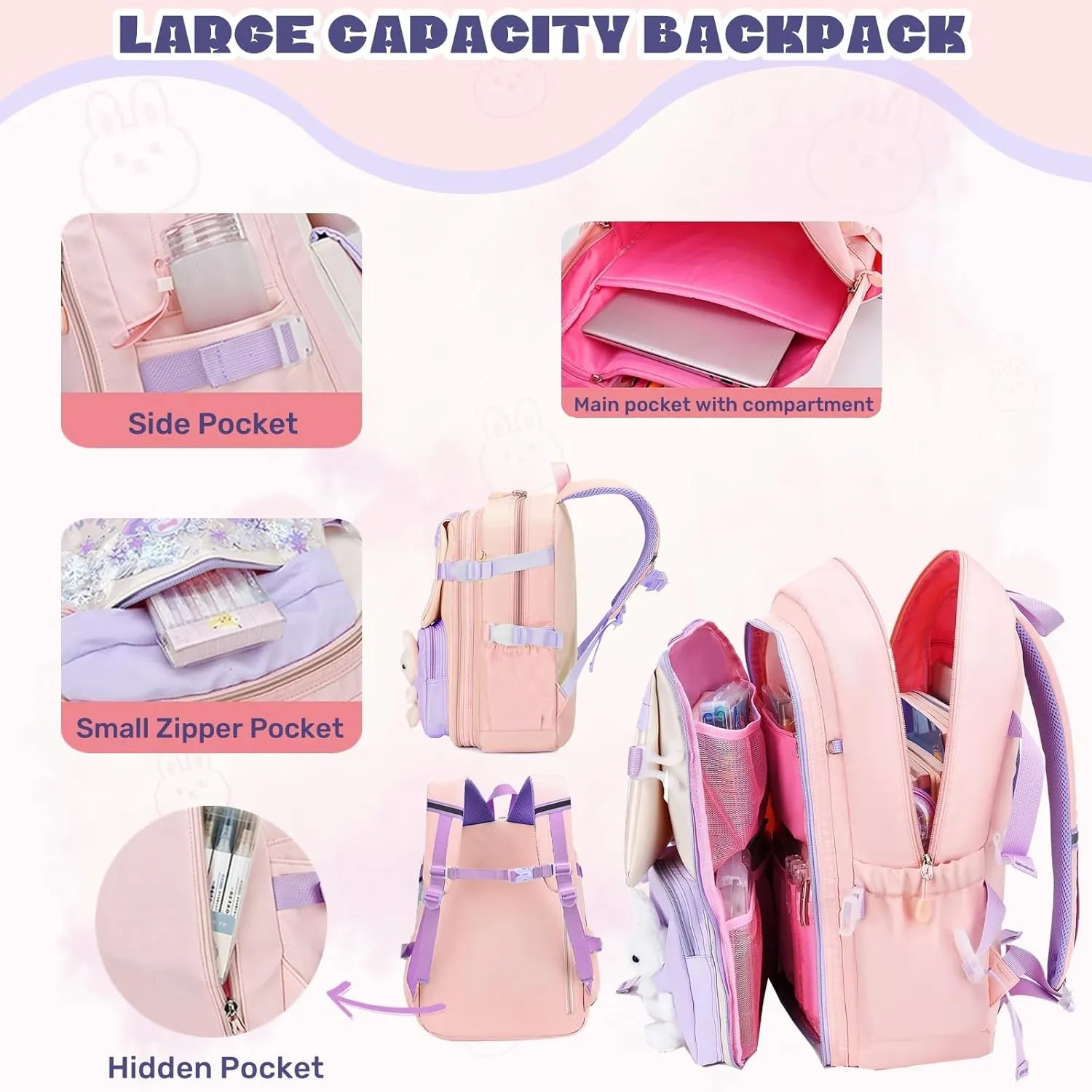 Bunny Backpack for Girls Cute Kids Bookbag for Elementary School Kawaii Preschool Outdoor Daypack 2Pcs Pink