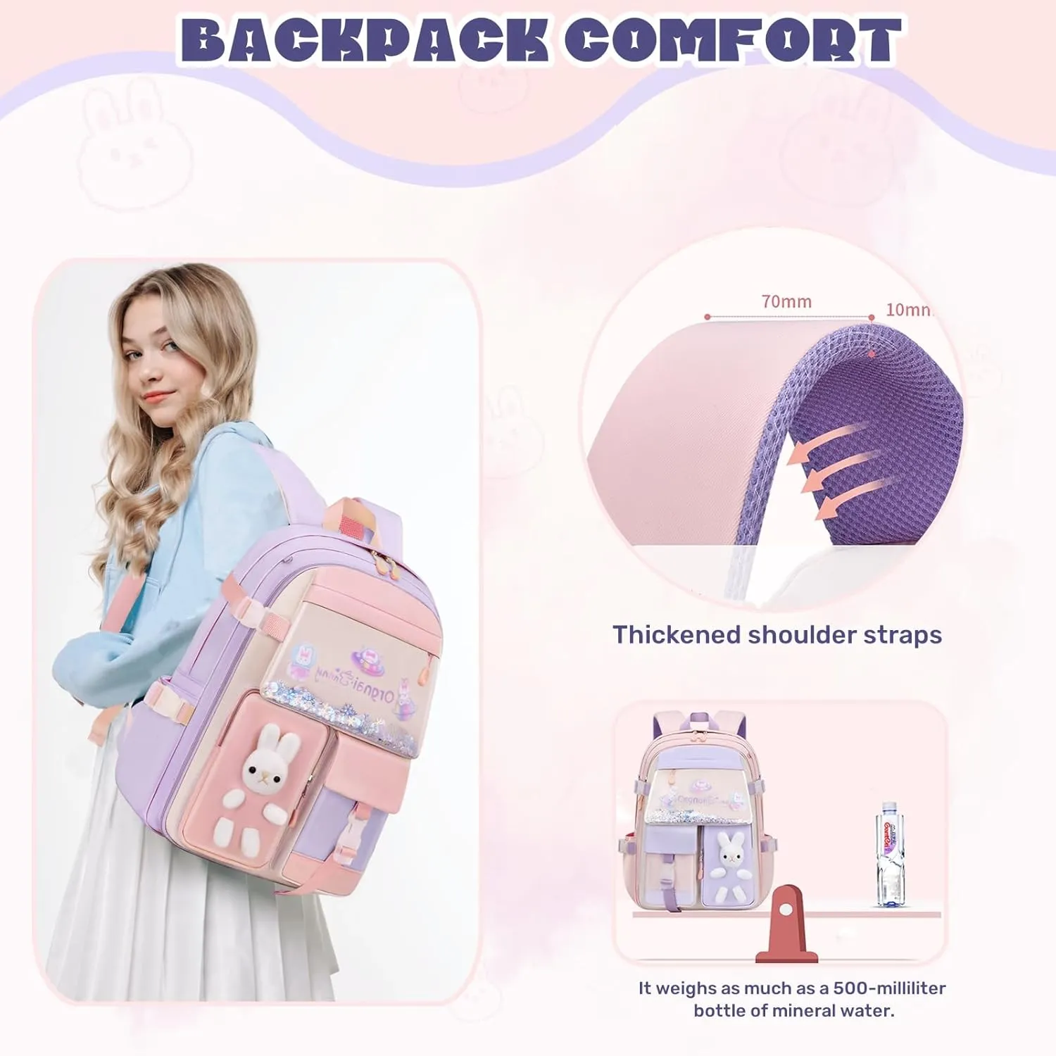 Bunny Backpack for Girls Cute Kids Bookbag for Elementary School Kawaii Preschool Outdoor Daypack 2Pcs Pink