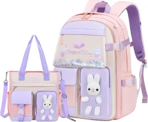 Bunny Backpack for Girls Cute Kids Bookbag for Elementary School Kawaii Preschool Outdoor Daypack 2Pcs Pink