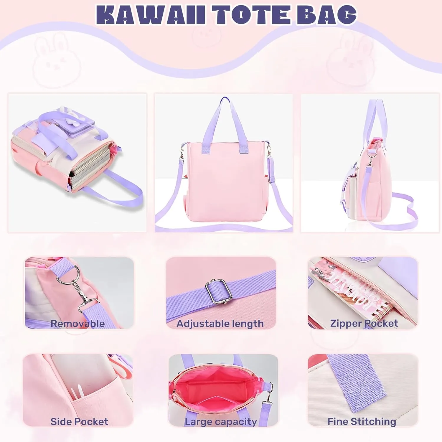 Bunny Backpack for Girls Cute Kids Bookbag for Elementary School Kawaii Preschool Outdoor Daypack 2Pcs Pink