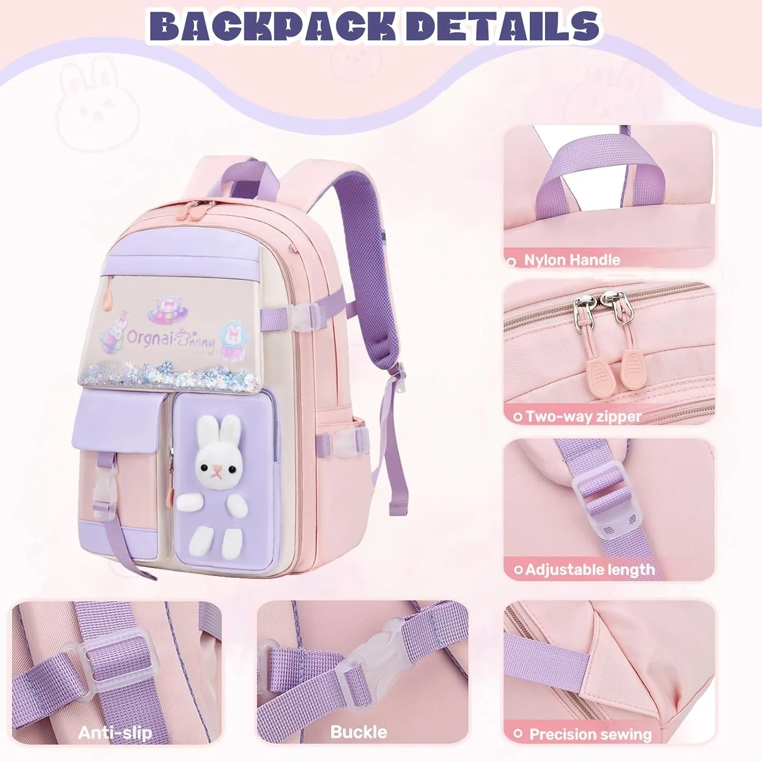 Bunny Backpack for Girls Cute Kids Bookbag for Elementary School Kawaii Preschool Outdoor Daypack 2Pcs Pink