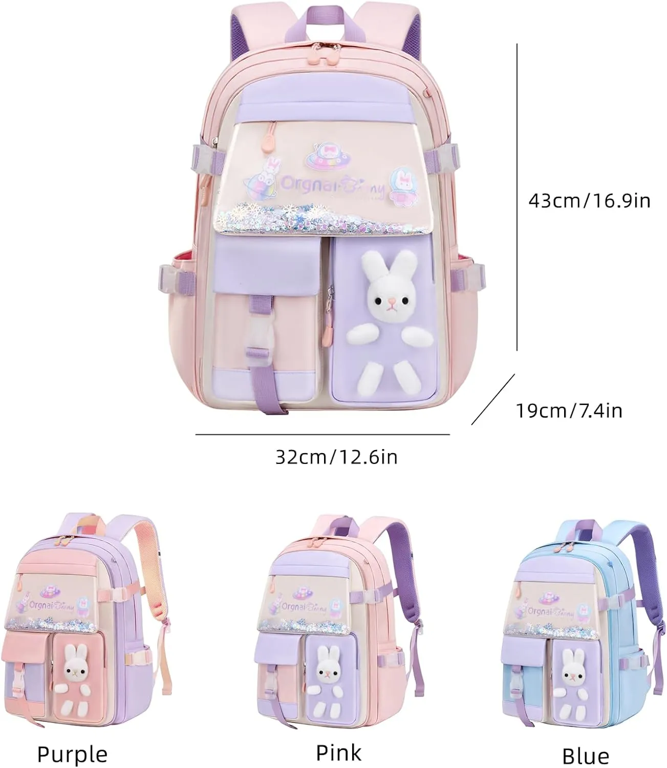Bunny Backpack for Girls Cute Kids Bookbag for Elementary School Kawaii Preschool Outdoor Daypack Purple