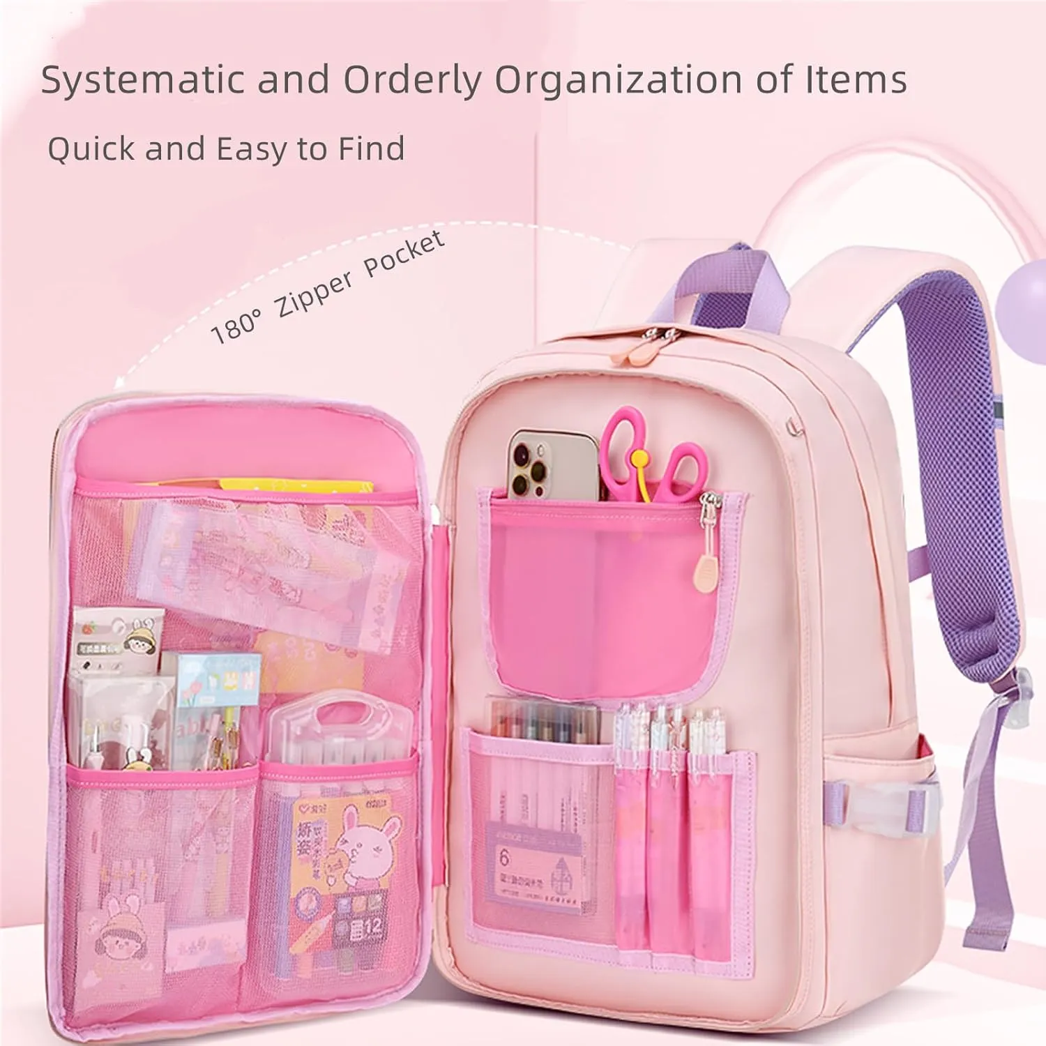 Bunny Backpack for Girls Cute Kids Bookbag for Elementary School Kawaii Preschool Outdoor Daypack Purple