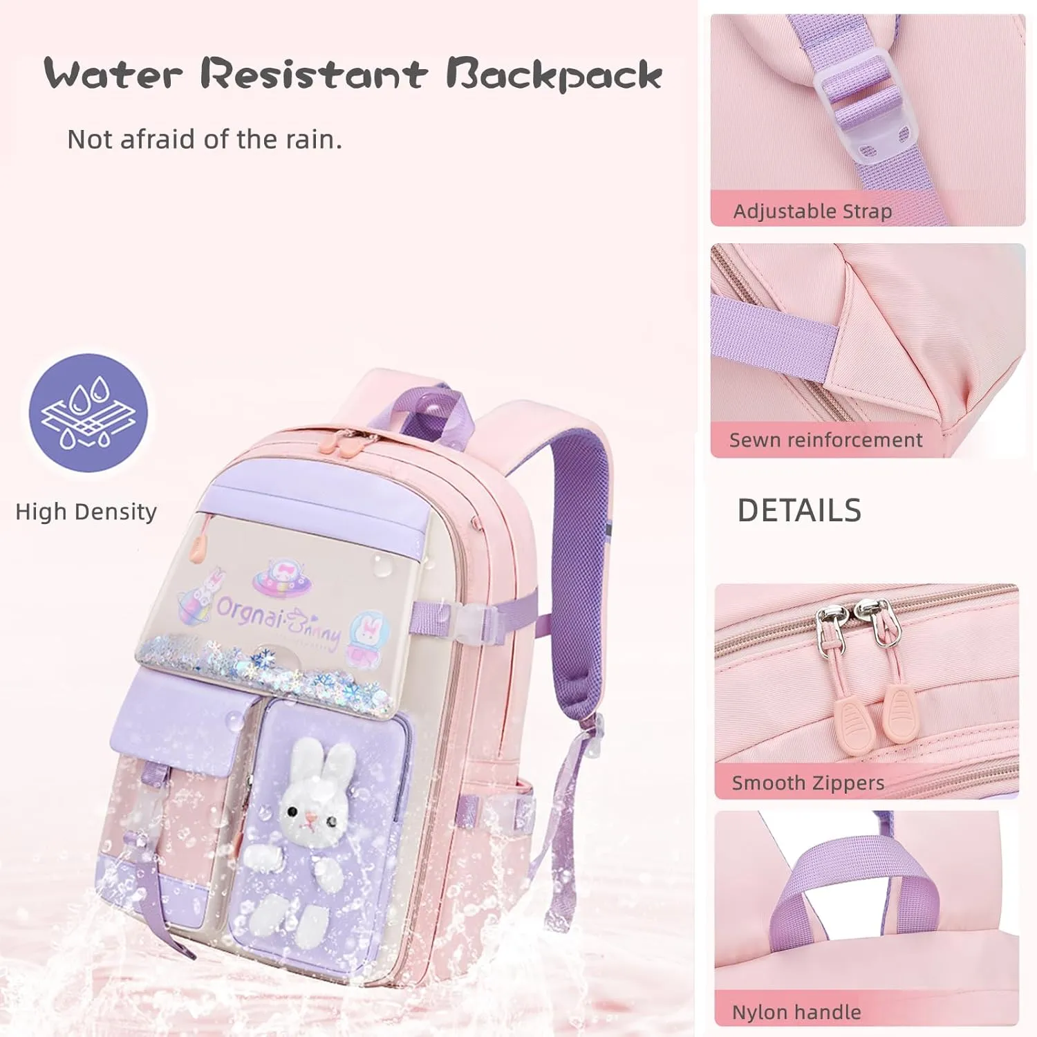 Bunny Backpack for Girls Cute Kids Bookbag for Elementary School Kawaii Preschool Outdoor Daypack Purple