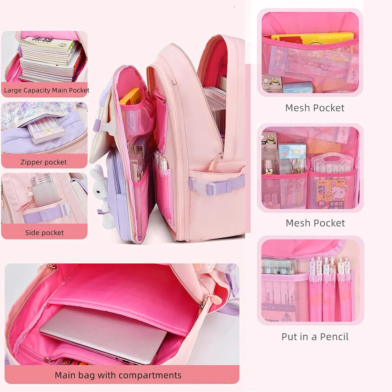Bunny Backpack for Girls Cute Kids Bookbag for Elementary School Kawaii Preschool Outdoor Daypack Purple
