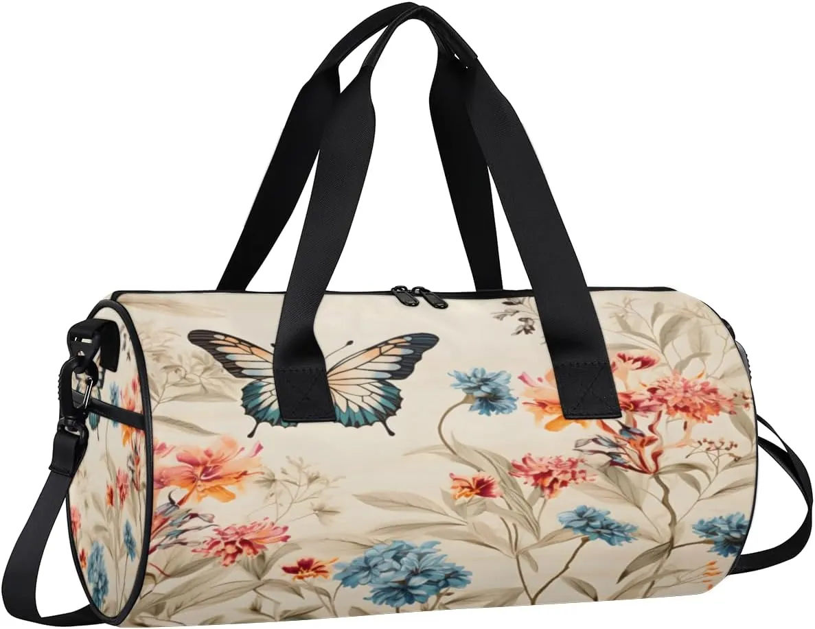 Butterfly Meadow Sports Duffel Bag with Shoulder Strap, Large Capacity Gym Bag with Shoe Compartment, Water Resistant Travel Duffle Bag for Men Women Travel, Sports (17.6x9x9 Inch)