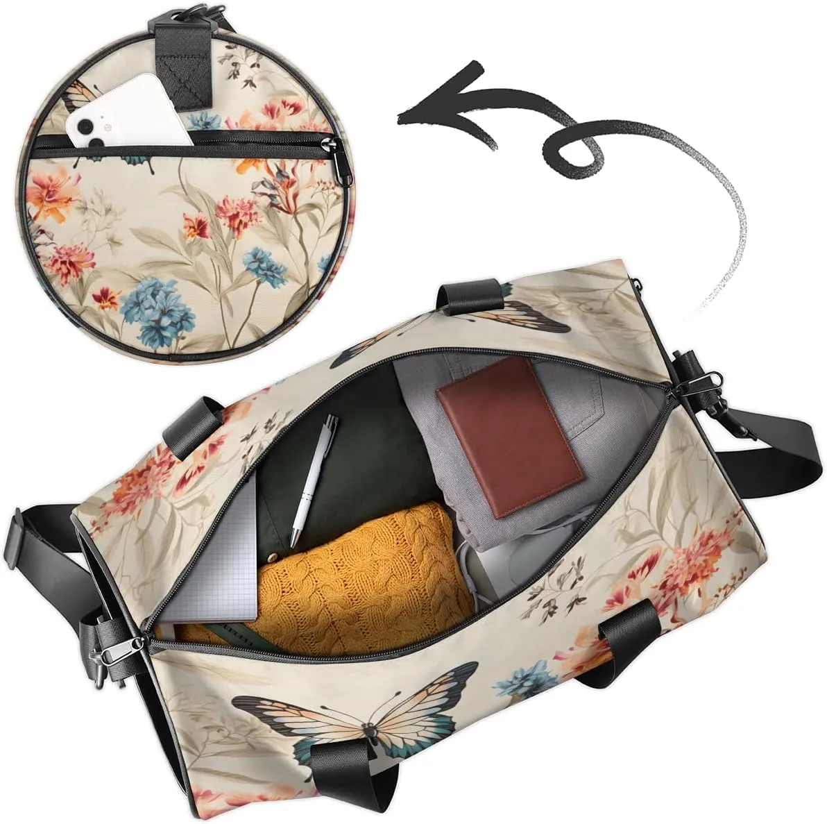 Butterfly Meadow Sports Duffel Bag with Shoulder Strap, Large Capacity Gym Bag with Shoe Compartment, Water Resistant Travel Duffle Bag for Men Women Travel, Sports (17.6x9x9 Inch)
