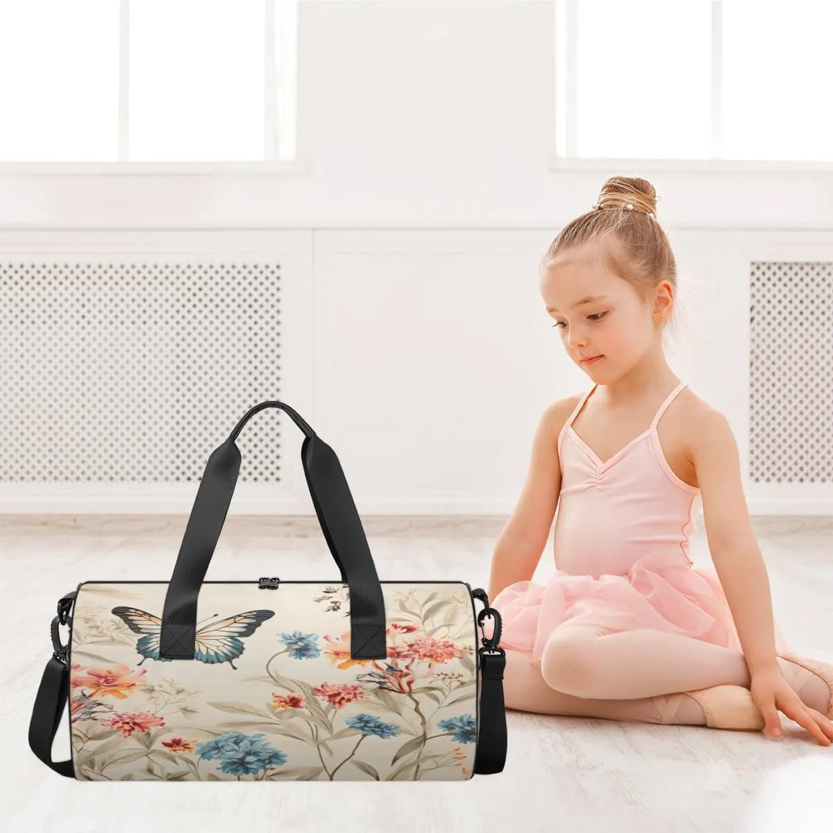 Butterfly Meadow Sports Duffel Bag with Shoulder Strap, Large Capacity Gym Bag with Shoe Compartment, Water Resistant Travel Duffle Bag for Men Women Travel, Sports (17.6x9x9 Inch)