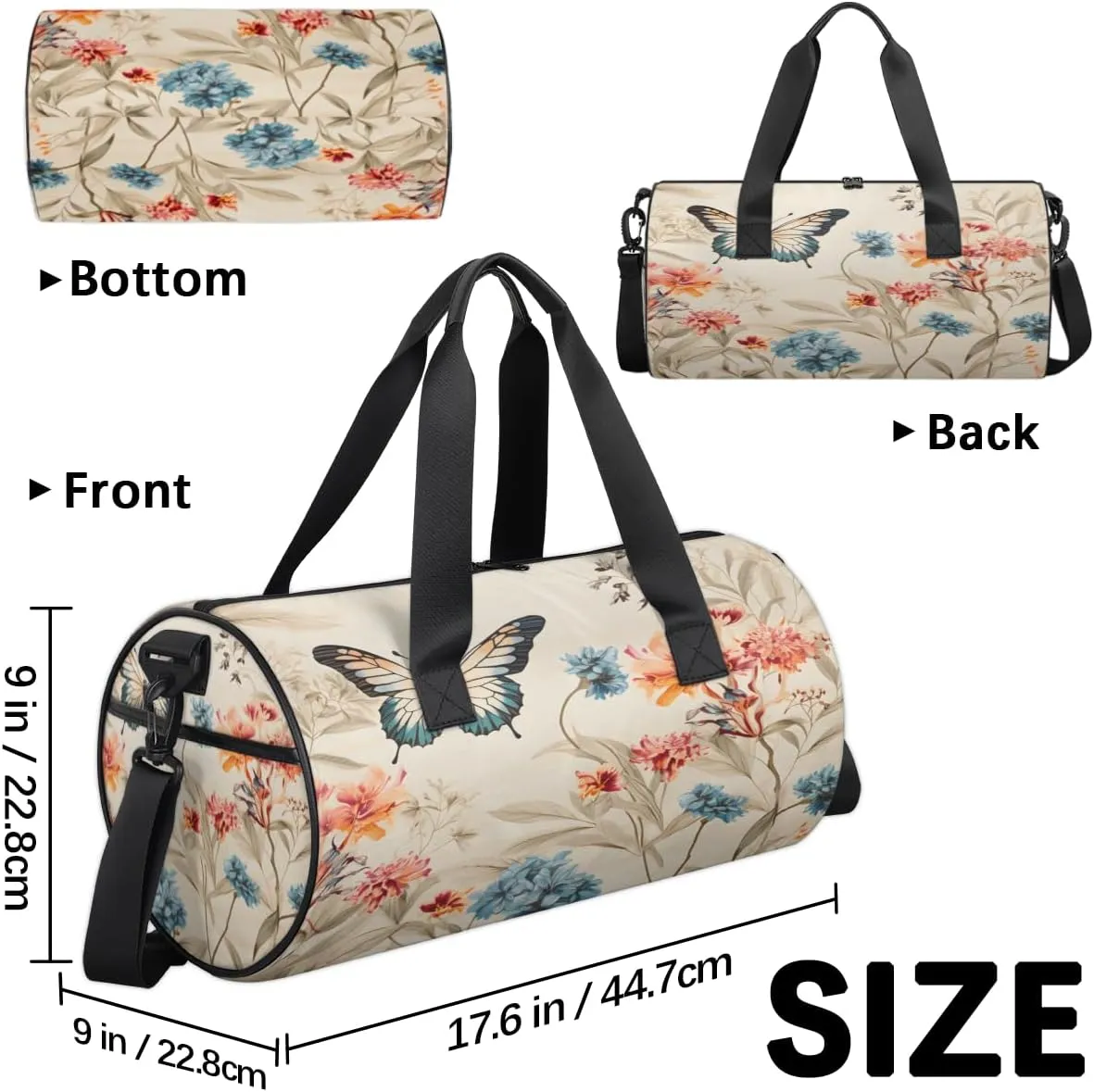 Butterfly Meadow Sports Duffel Bag with Shoulder Strap, Large Capacity Gym Bag with Shoe Compartment, Water Resistant Travel Duffle Bag for Men Women Travel, Sports (17.6x9x9 Inch)
