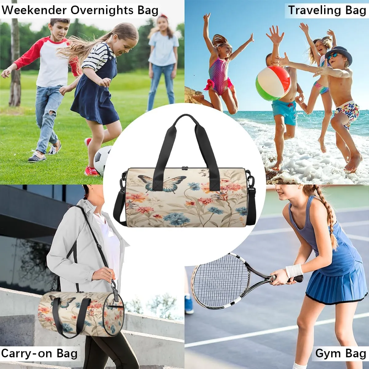 Butterfly Meadow Sports Duffel Bag with Shoulder Strap, Large Capacity Gym Bag with Shoe Compartment, Water Resistant Travel Duffle Bag for Men Women Travel, Sports (17.6x9x9 Inch)