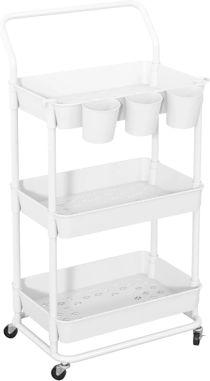 Buzowruil 3-Tier Rolling Utility Cart, Storage Cart with Handle Multi-Purpose and Locking Wheels,with Hanging Basket and Hook for Office, Kitchen, Bathroom,White