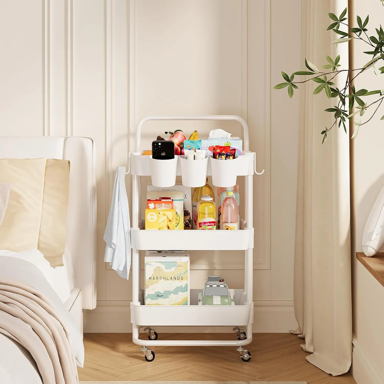 Buzowruil 3-Tier Rolling Utility Cart, Storage Cart with Handle Multi-Purpose and Locking Wheels,with Hanging Basket and Hook for Office, Kitchen, Bathroom,White