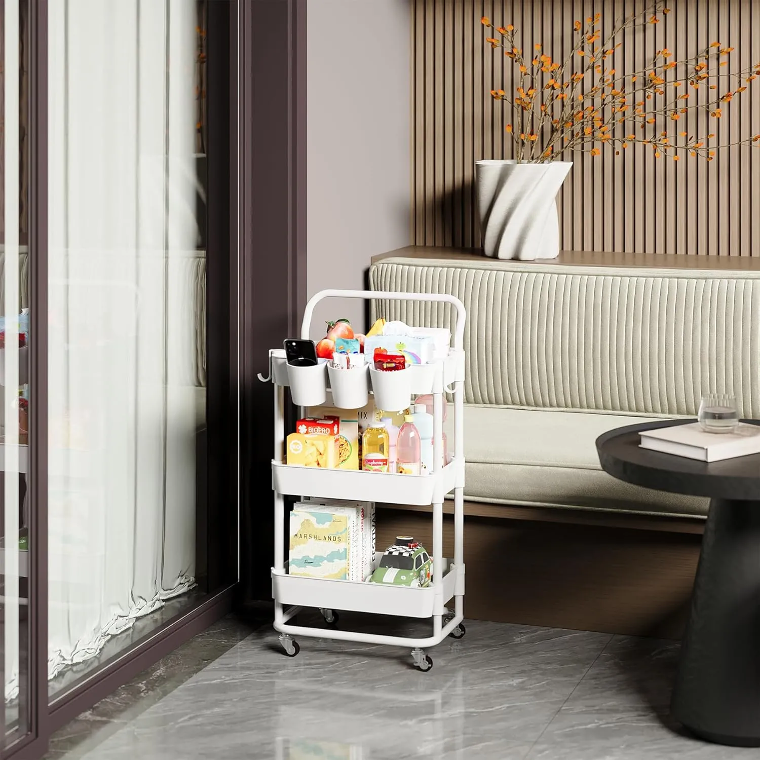 Buzowruil 3-Tier Rolling Utility Cart, Storage Cart with Handle Multi-Purpose and Locking Wheels,with Hanging Basket and Hook for Office, Kitchen, Bathroom,White