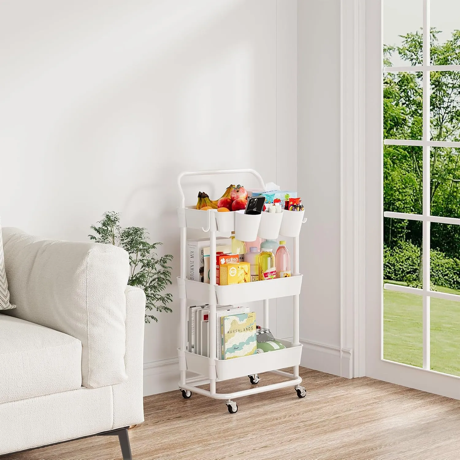 Buzowruil 3-Tier Rolling Utility Cart, Storage Cart with Handle Multi-Purpose and Locking Wheels,with Hanging Basket and Hook for Office, Kitchen, Bathroom,White