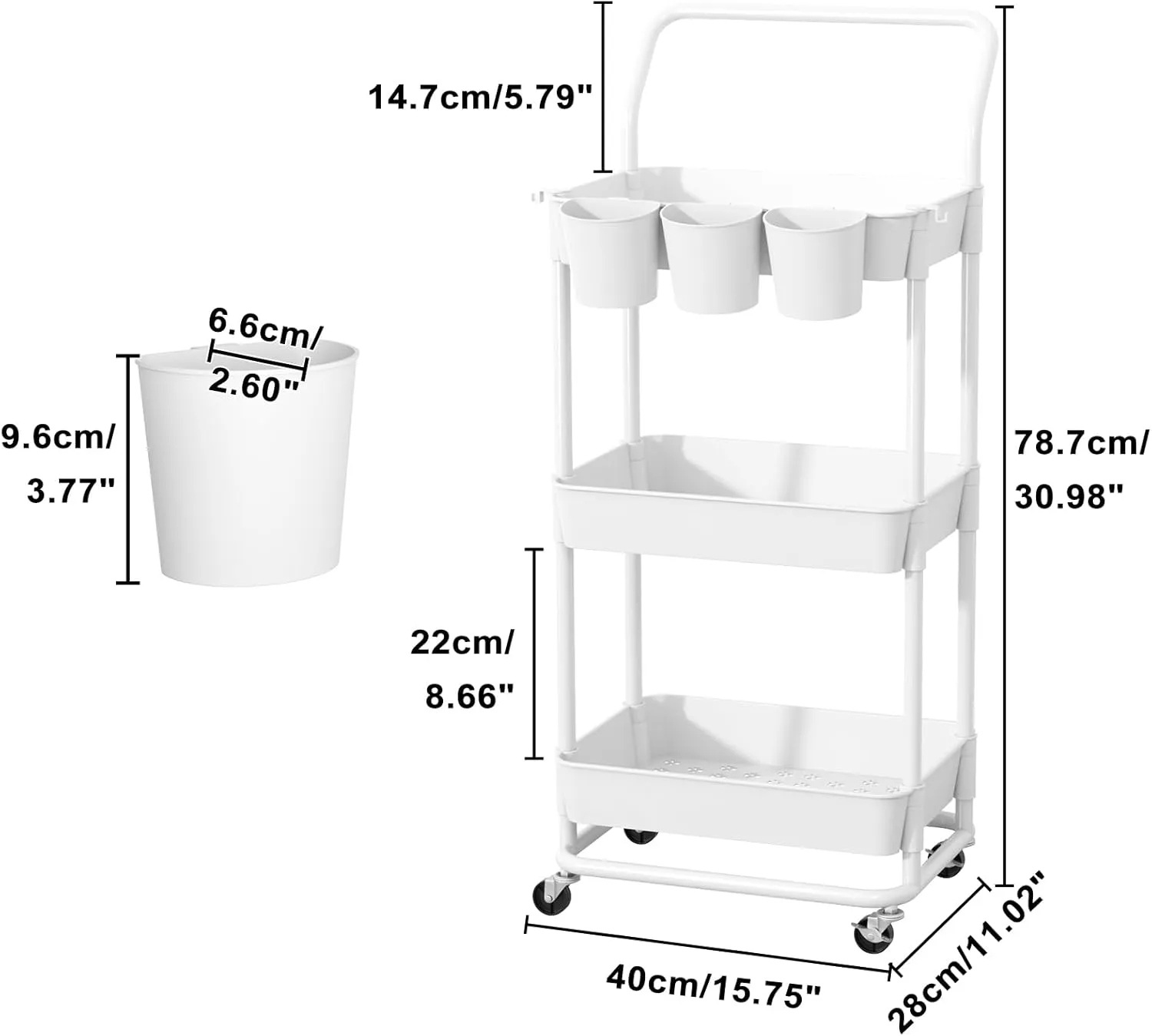 Buzowruil 3-Tier Rolling Utility Cart, Storage Cart with Handle Multi-Purpose and Locking Wheels,with Hanging Basket and Hook for Office, Kitchen, Bathroom,White