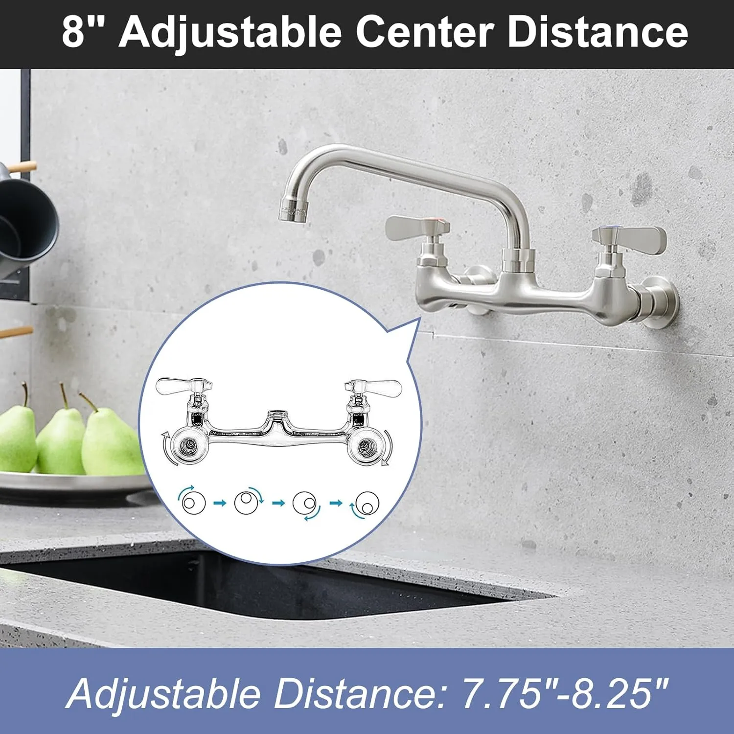 BWE Commercial Kitchen Faucets, Laundry Faucet 8 Inch Center Wall Mounted Kitchen Faucets with 8" Swivel Spout 2 Handles Heavy Duty Brass Utility Laundry Restaurant Mixer Tap,Brushed Nickel