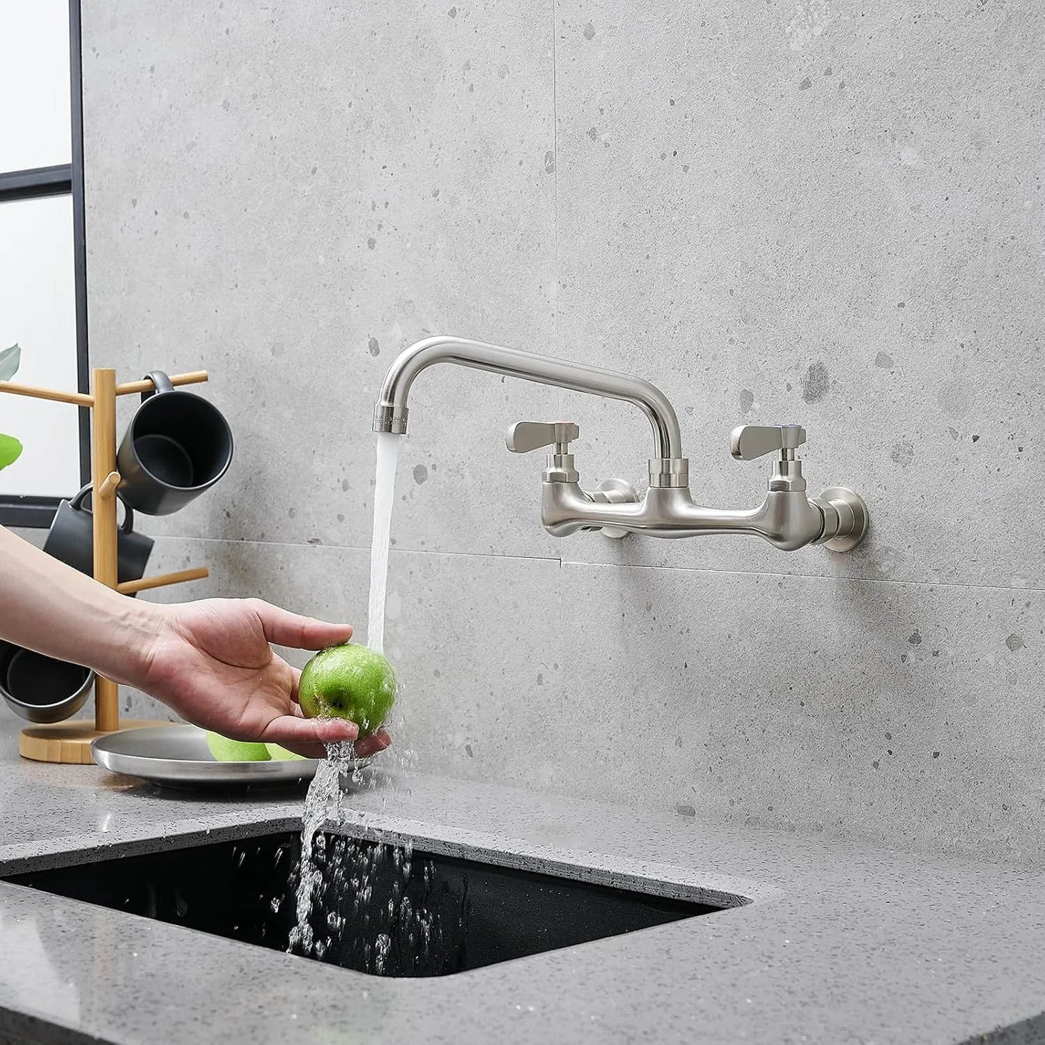BWE Commercial Kitchen Faucets, Laundry Faucet 8 Inch Center Wall Mounted Kitchen Faucets with 8" Swivel Spout 2 Handles Heavy Duty Brass Utility Laundry Restaurant Mixer Tap,Brushed Nickel