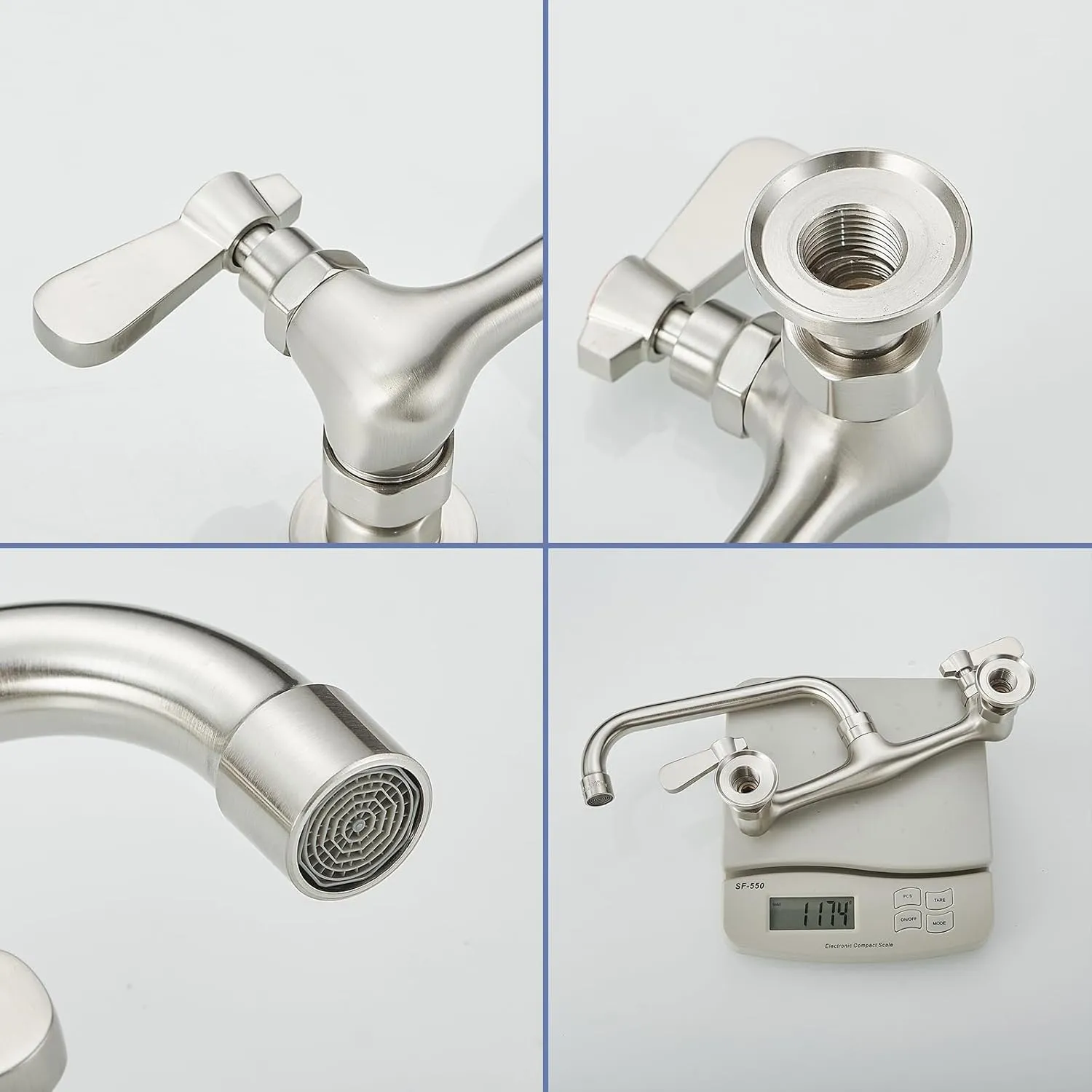 BWE Commercial Kitchen Faucets, Laundry Faucet 8 Inch Center Wall Mounted Kitchen Faucets with 8" Swivel Spout 2 Handles Heavy Duty Brass Utility Laundry Restaurant Mixer Tap,Brushed Nickel