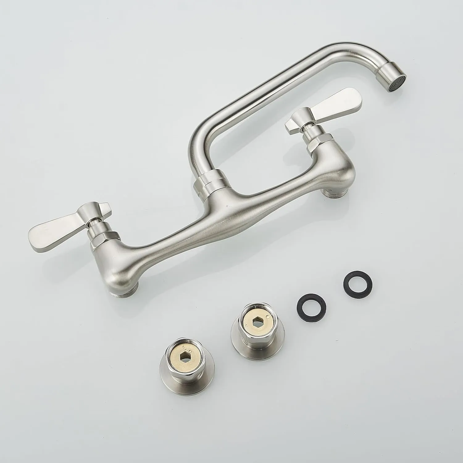 BWE Commercial Kitchen Faucets, Laundry Faucet 8 Inch Center Wall Mounted Kitchen Faucets with 8" Swivel Spout 2 Handles Heavy Duty Brass Utility Laundry Restaurant Mixer Tap,Brushed Nickel