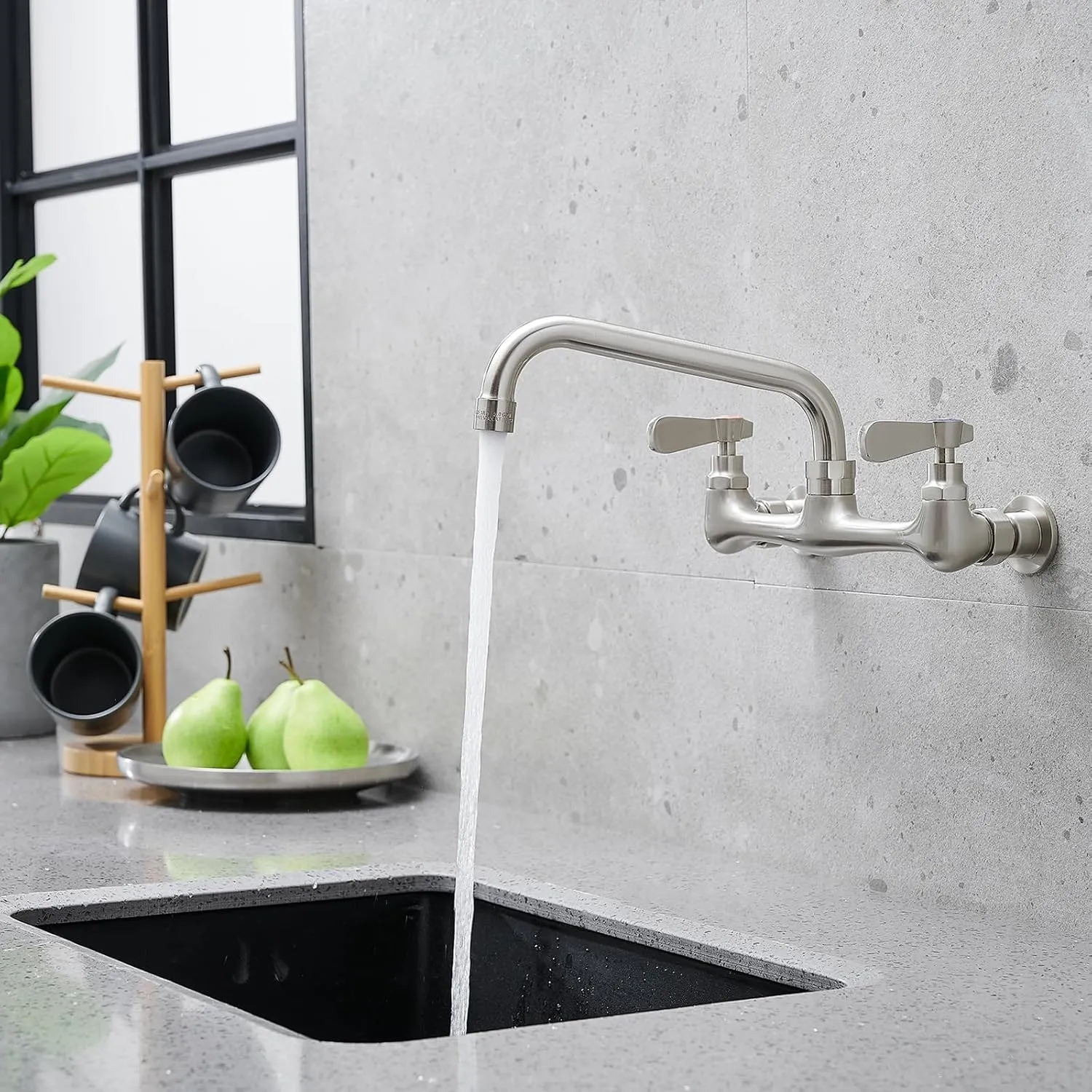 BWE Commercial Kitchen Faucets, Laundry Faucet 8 Inch Center Wall Mounted Kitchen Faucets with 8" Swivel Spout 2 Handles Heavy Duty Brass Utility Laundry Restaurant Mixer Tap,Brushed Nickel