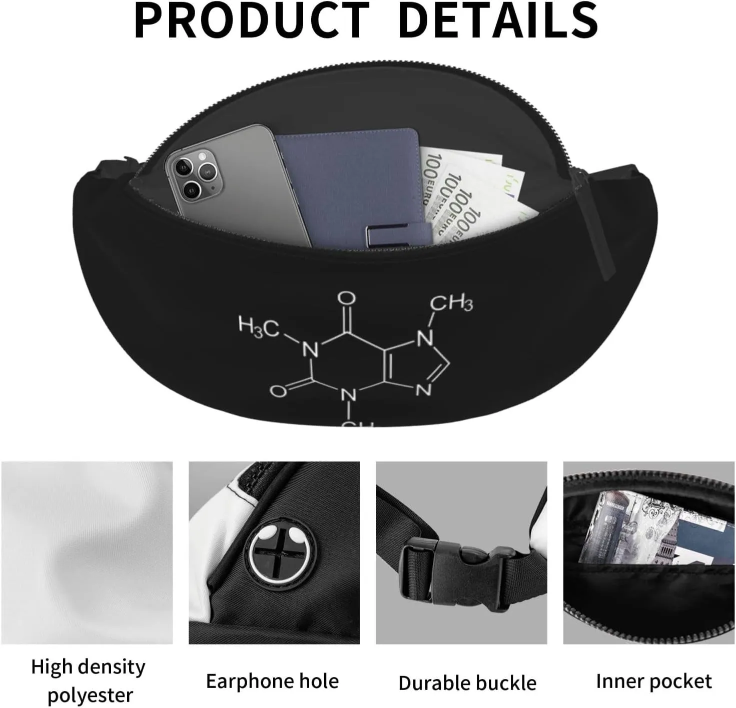 Caffeine Molecule Fanny Pack Adjustable Leisure Travel Lumbar Pack Unisex