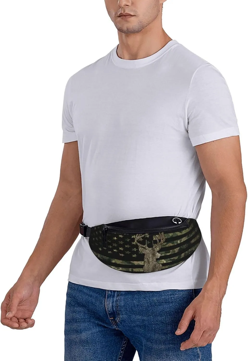 Camo Camouflage American Flag Hunting Deer Fashion Casual Fanny Pack Waist Bag Men Women Adjustable Belt Waist Bag For Travel Hiking Cycling Running Festival Carnival