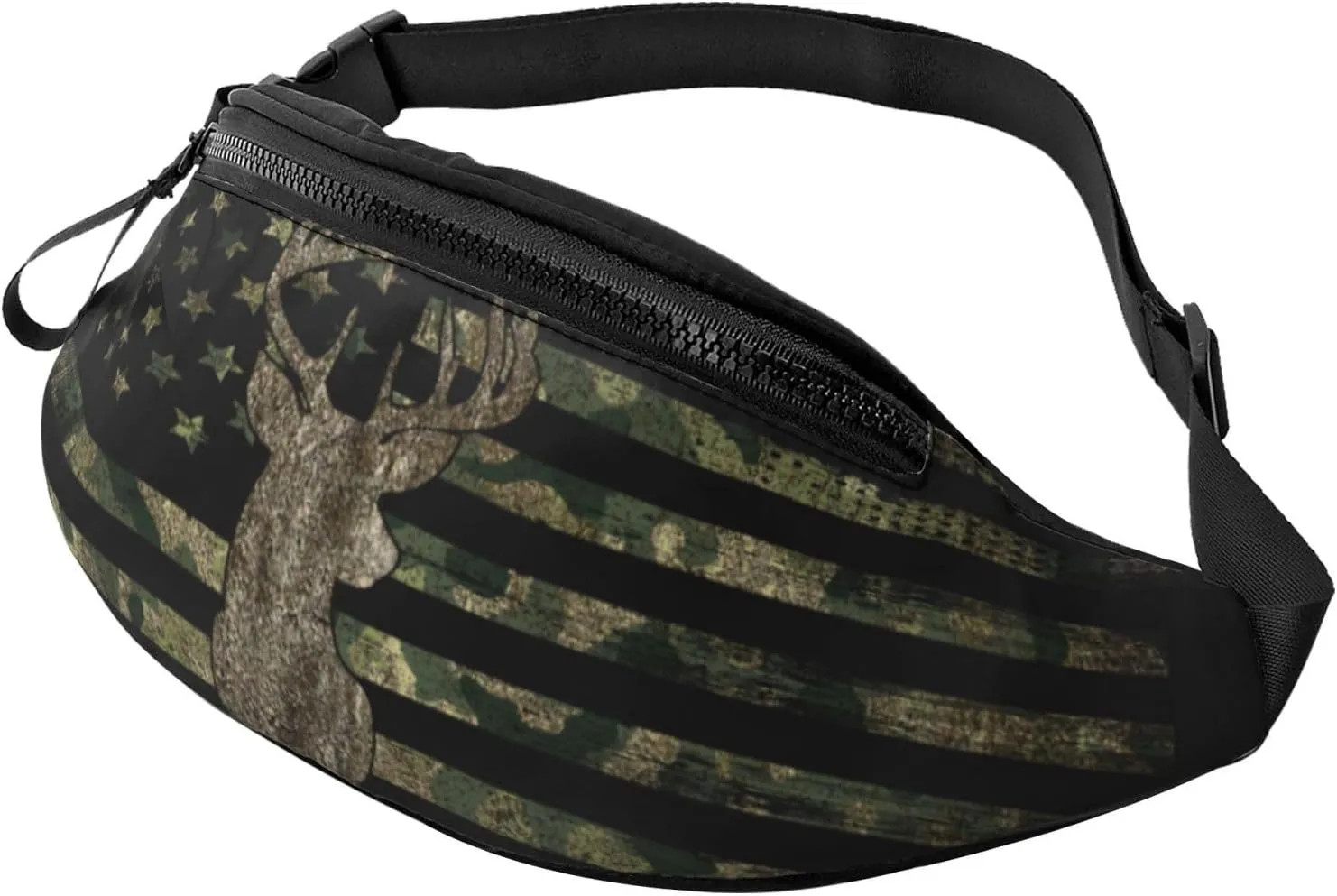 Camo Camouflage American Flag Hunting Deer Fashion Casual Fanny Pack Waist Bag Men Women Adjustable Belt Waist Bag For Travel Hiking Cycling Running Festival Carnival
