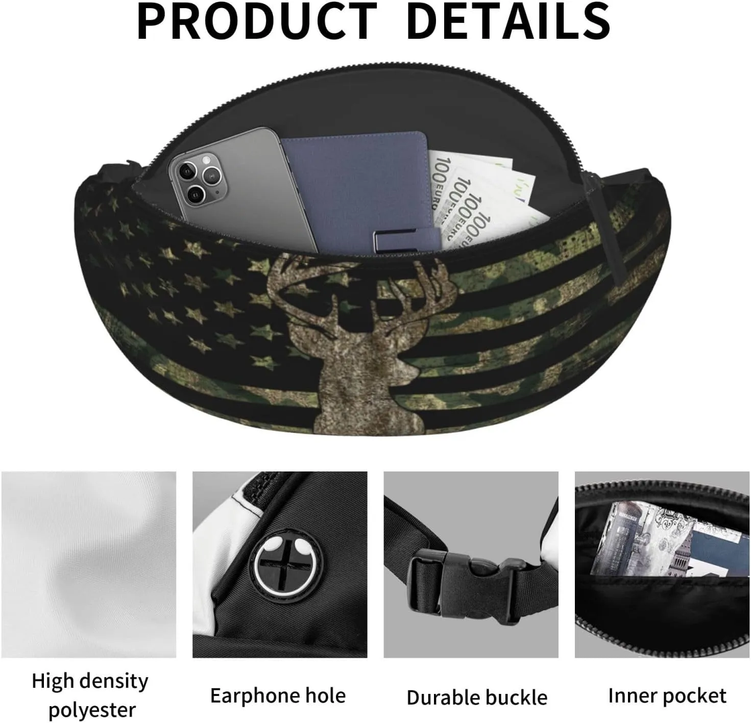 Camo Camouflage American Flag Hunting Deer Fashion Casual Fanny Pack Waist Bag Men Women Adjustable Belt Waist Bag For Travel Hiking Cycling Running Festival Carnival