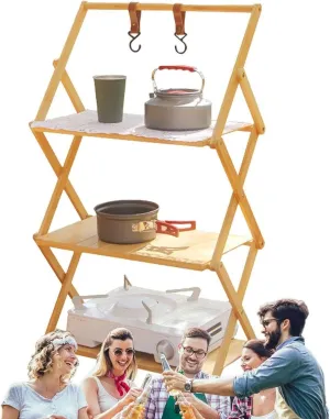 Camping Wooden Shelf, Foldable Multi Tier Camping Shelves, Portable Grill Cooking Table Rack for Indoor and Outdoor Camping Hiking, Travel